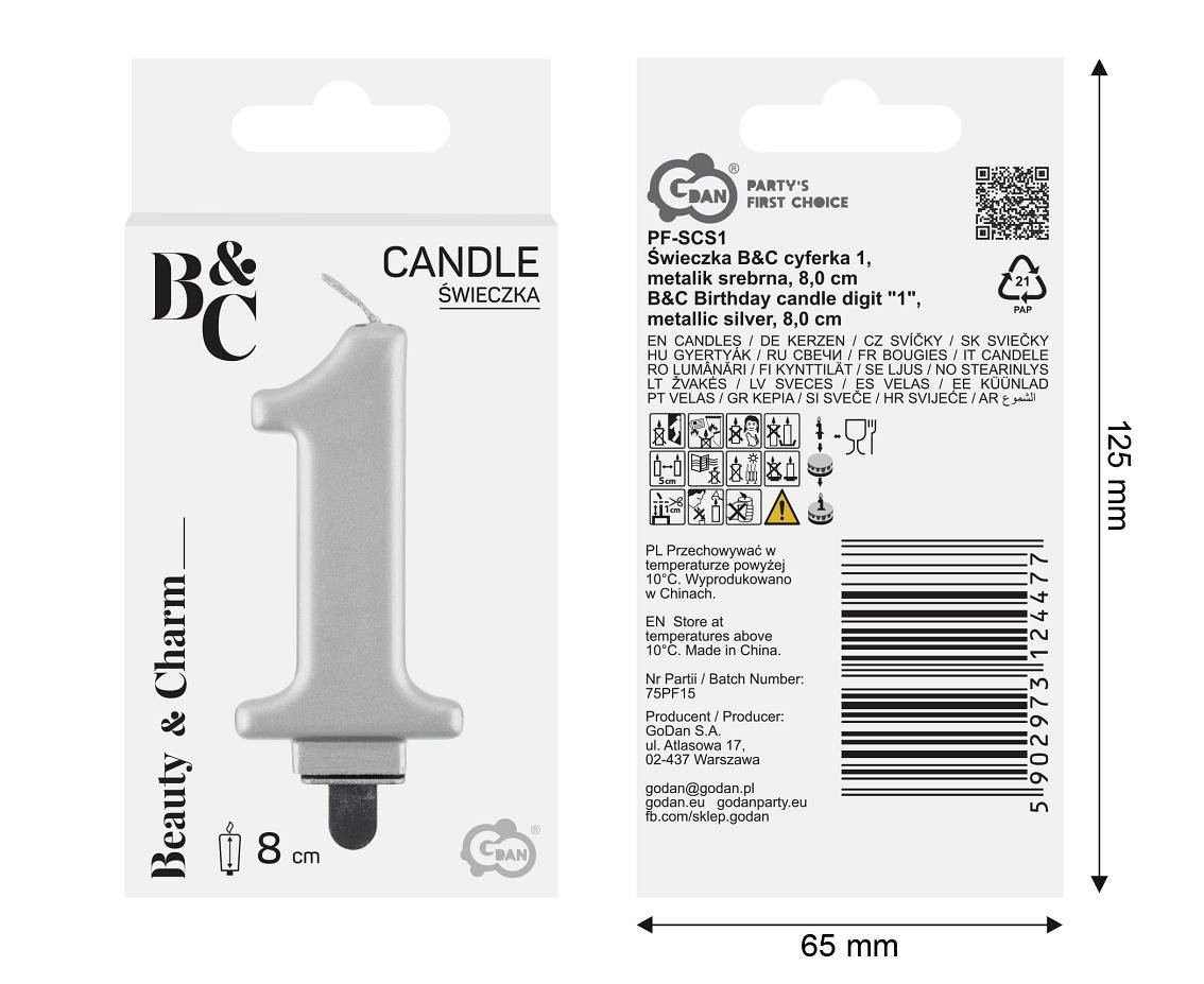 Birthday candle digit 1, metallic silver, 8 cm